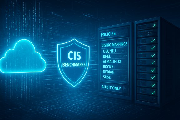 Neon blue cloud and CIS Benchmarks shield beside a server rack listing Linux distros under Policies.
