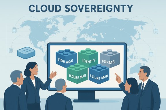 Team discusses cloud sovereignty, shown with blocks for storage, identity, forms, and secure mail.