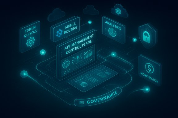 Futuristic API management control plane dashboard with governance, monetization and analytics.
