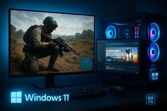 Dual-monitor gaming rig with Windows 11, neon blue lighting, and a PUBG scene on the main display.