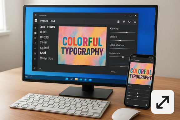 A desktop monitor and a smartphone display a colorful typography design titled COLORFUL TYPOGRAPHY.