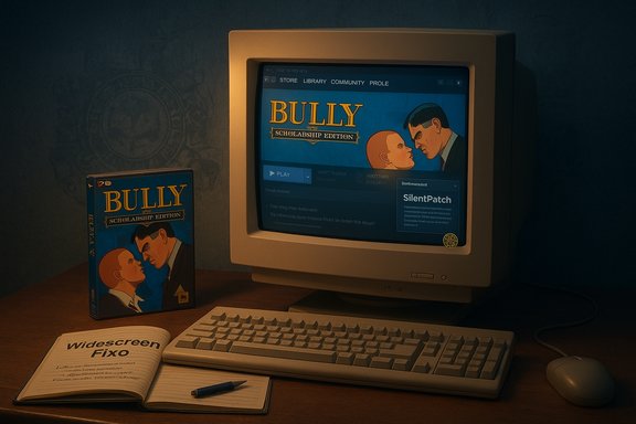 Retro computer setup with a Bully: Scholarship Edition box beside the monitor.