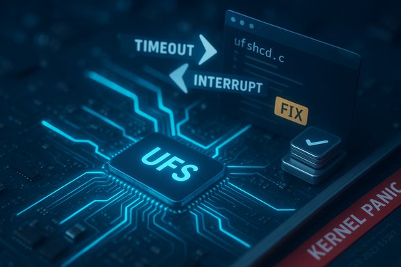 Close-up of a circuit board with a glowing UFS chip, featuring timeout, interrupt, fix cues and a kernel panic label.