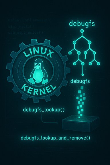 Linux kernel gear featuring Tux, with a debugfs structure diagram.