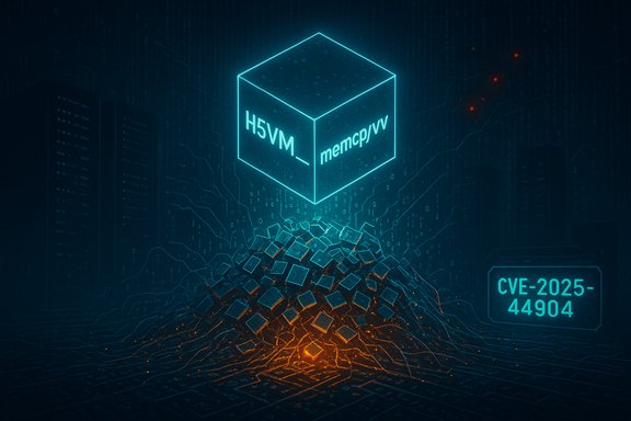 A neon cube labeled H5VM and memcpy/v rises above a pile of blue blocks, CVE-2025-44904.
