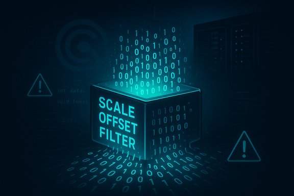 Neon cube labeled Scale Offset Filter emits streams of binary data.