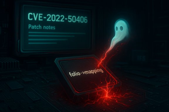 Gleaming folio->mapping chip crackles red as CVE-2022-50406 patch notes glow on a dark monitor.