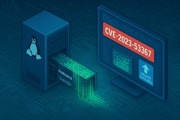 Linux server with Habana GAUDI AI accelerator, displaying CVE-2023-53367 and an update available.