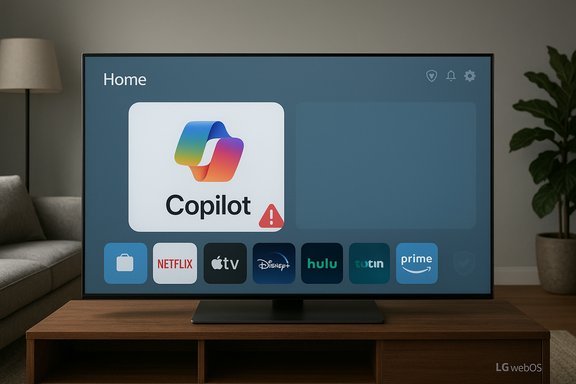 LG TV on a wooden stand displaying a Home screen with a Copilot tile and streaming apps.