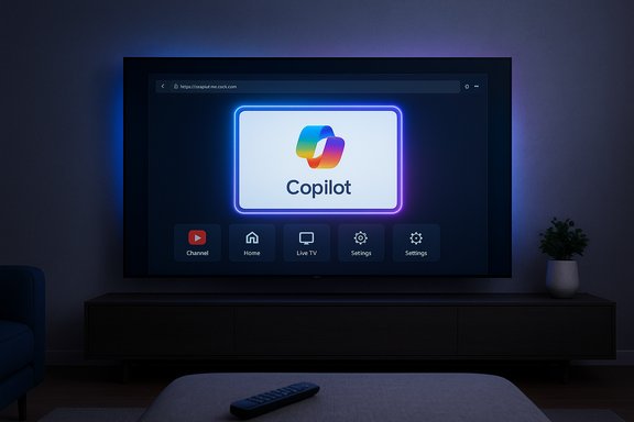 A neon-lit Copilot logo glows on a large TV screen in a dark, modern living room.