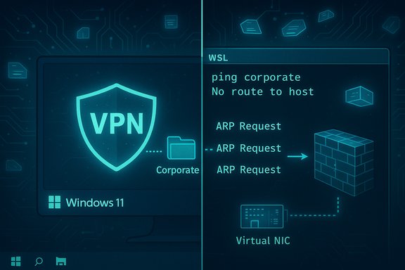 Windows 11 VPN shield on the left, with a WSL network diagram (ARP requests/Virtual NIC) on the right.