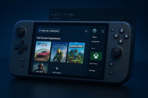 A handheld gaming console displays a game library UI with titles like Halo Infinite and Minecraft.