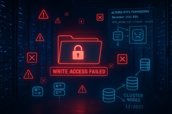 Neon red alert: WRITE ACCESS FAILED on a locked folder in a data-center server room.