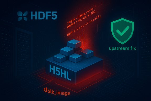 Blue 3D block tower labeled H5HL glows with red code; a green shield labeled 'upstream fix' nearby.
