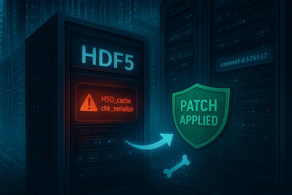 Data center rack labeled HDF5 displays a cache-serialize warning and a PATCH APPLIED shield.