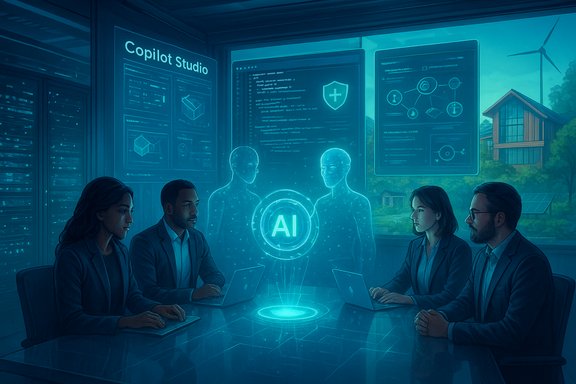 A team collaborates around a glowing AI hologram in Copilot Studio.