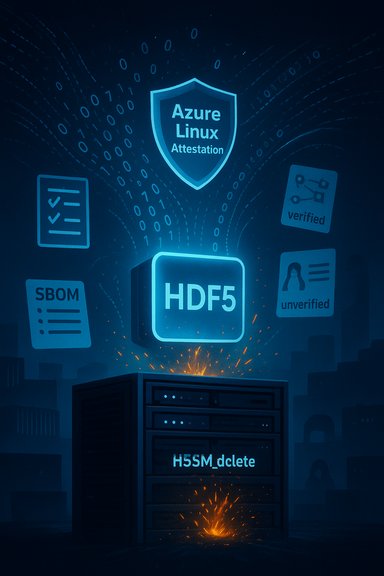 Neon-blue data center scene with an HDF5 block, Azure Linux Attestation shield, and security icons.