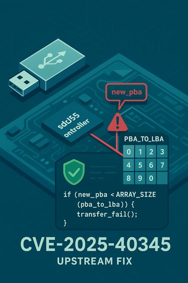 Circuit-board illustration showing CVE-2025-40345 upstream fix.