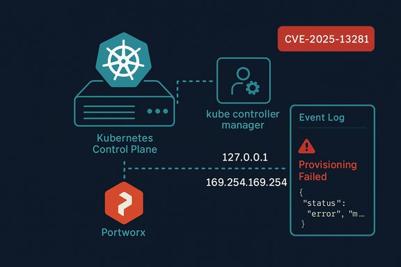Kubernetes control plane diagram with Portworx and kube-controller-manager; provisioning failure (CVE-2025-13281).