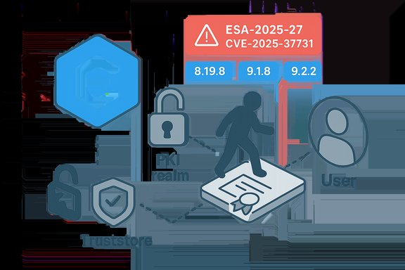 Cybersecurity illustration of PKI truststore with a user icon and a CVE warning.