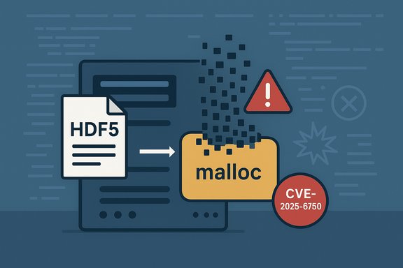 HDF5 file feeding into malloc, with a CVE-2025-6750 vulnerability warning.