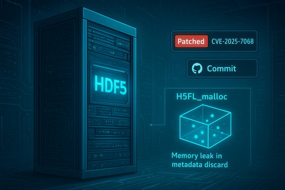 Futuristic data server labeled HDF5 with holographic UI showing patch, commit, and memory-leak details.