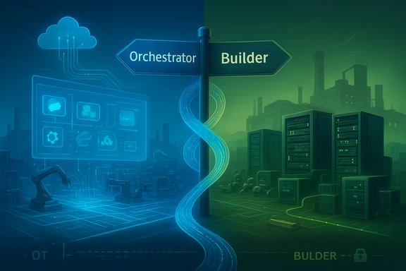 A signpost splits Orchestrator (blue) and Builder (green) in a futuristic industrial scene.
