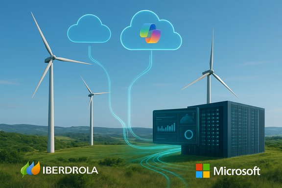 Wind turbines power a data center via neon cloud links, with Iberdrola and Microsoft logos.