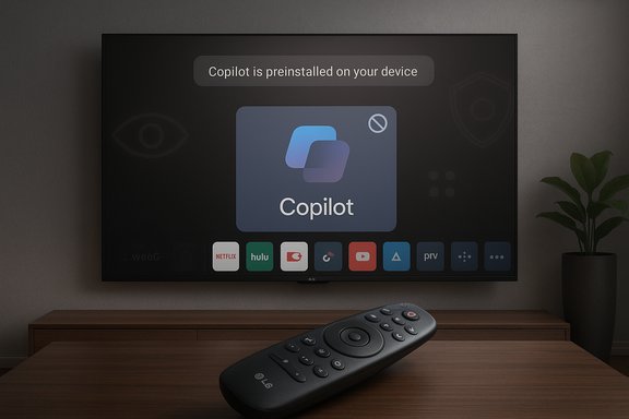 A TV screen shows Copilot preinstalled with app icons; a remote rests on a wooden table.