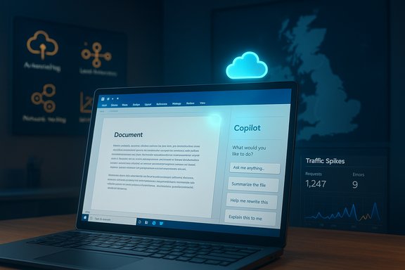 Laptop displays Copilot document editor with a glowing cloud icon above in a tech setup.