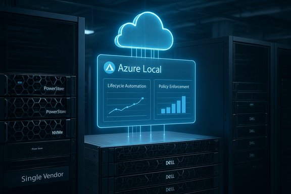 Blue neon Azure Local dashboard hovering above Dell servers in a data center.