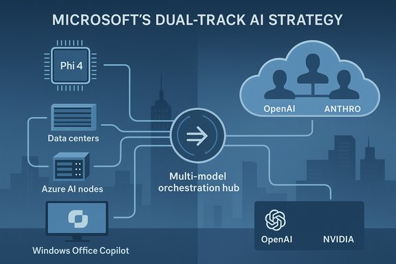 Microsoft's dual-track AI strategy: on-prem Azure AI nodes and a cloud OpenAI/Anthro orchestration hub.