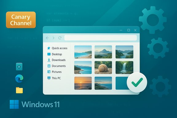 Windows 11 Canary Channel concept featuring a thumbnail gallery in a stylized file explorer.