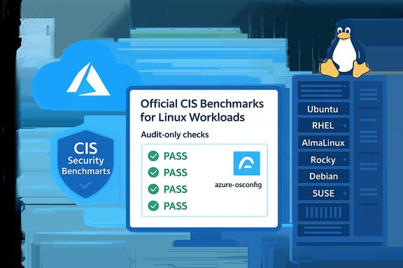 Illustration of Official CIS Benchmarks for Linux workloads showing audit-only checks and PASS results.