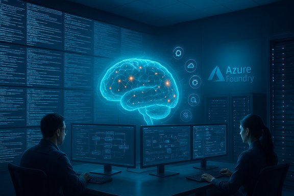 Two engineers monitor a holographic brain visualization in an Azure Foundry data center.