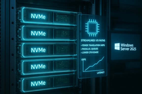 Server rack with glowing NVMe drives and a Windows Server 2025 display.