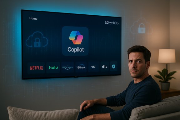 A man sits on a couch watching Copilot on an LG webOS screen displaying streaming apps.