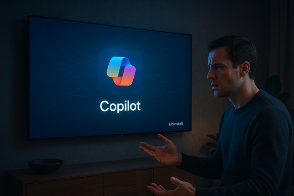 A man explains the Copilot app on a large screen in a dimly lit room.