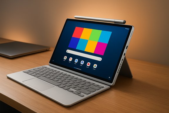 A 2-in-1 tablet with keyboard and stylus on a wooden desk.