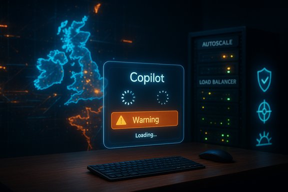 Futuristic control desk with a holographic Copilot loading screen beside server racks.