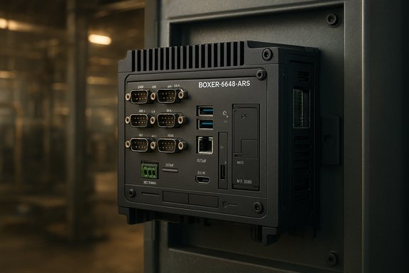 Rugged BOXER-6648-ARS embedded PC with multiple DB9 ports mounted in a cabinet.