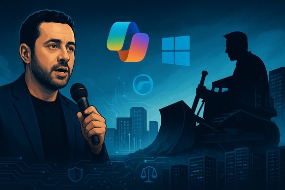 A man speaks into a microphone at a futuristic tech presentation, with digital logos and a skyline backdrop.