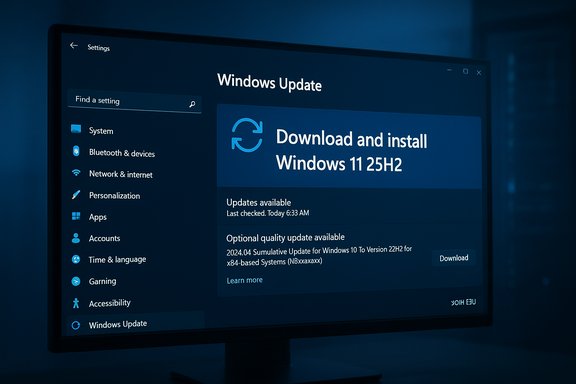 Windows Update screen prompting download and install of Windows 11 25H2.