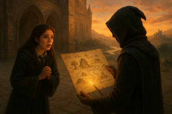 A frightened woman pleads as a hooded figure reveals a glowing map at sunset.