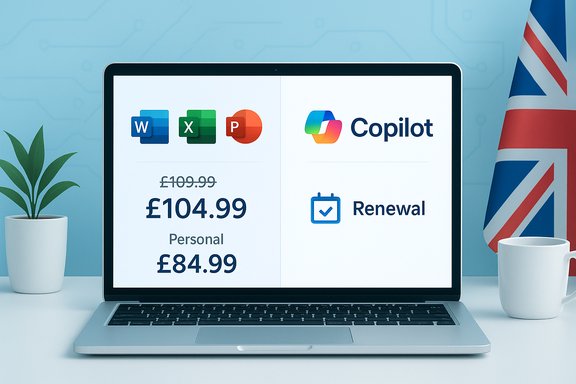 Laptop screen shows Word, Excel, PowerPoint pricing and Copilot renewal. Laptop screen shows Word, Excel, PowerPoint pricing and Copilot renewal.