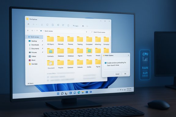 Windows File Explorer open on a monitor showing many yellow folders and a small settings dialog.