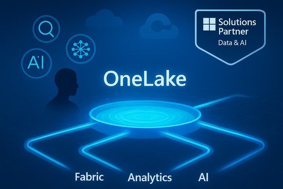 Blue futuristic banner for OneLake promoting AI, analytics, and data solutions.