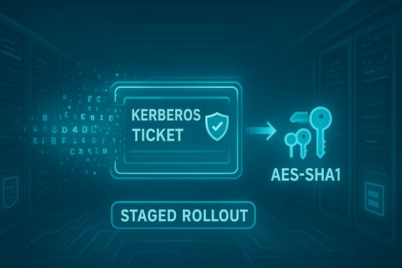 Cybersecurity illustration featuring Kerberos ticket, AES-SHA1, and a staged rollout.