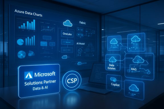 Futuristic blue holographic dashboard showing Azure data charts and cloud architecture.