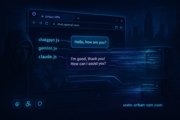 A hooded hacker oversees glowing chat bubbles on a cyberpunk computer screen.